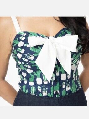 Unique Vintage Navy Cactus Print Sweetheart Top with White Bow